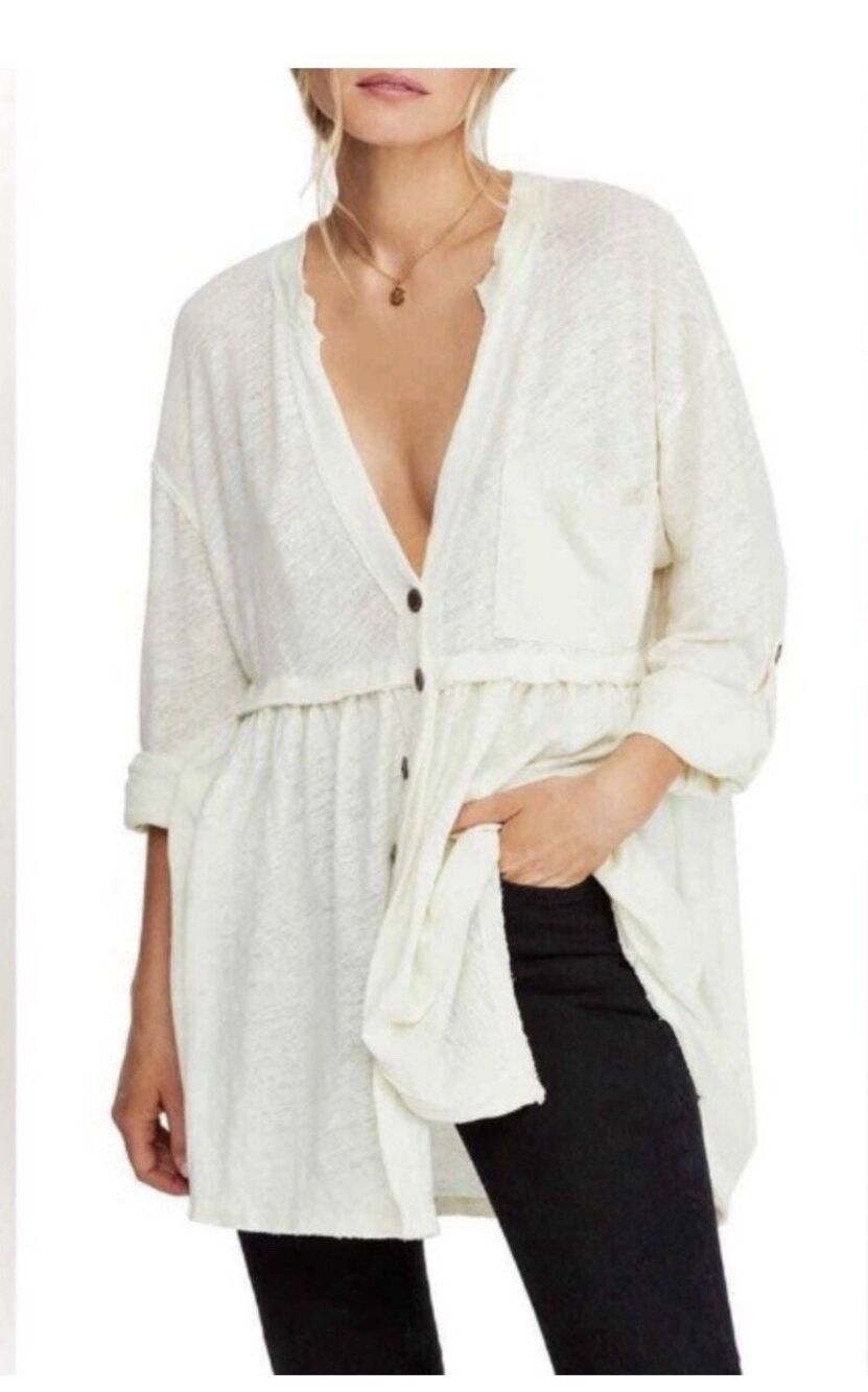 We The Free Top Medium White Linen Blend Button Down‎ Flowy Tunic Cottagecore
